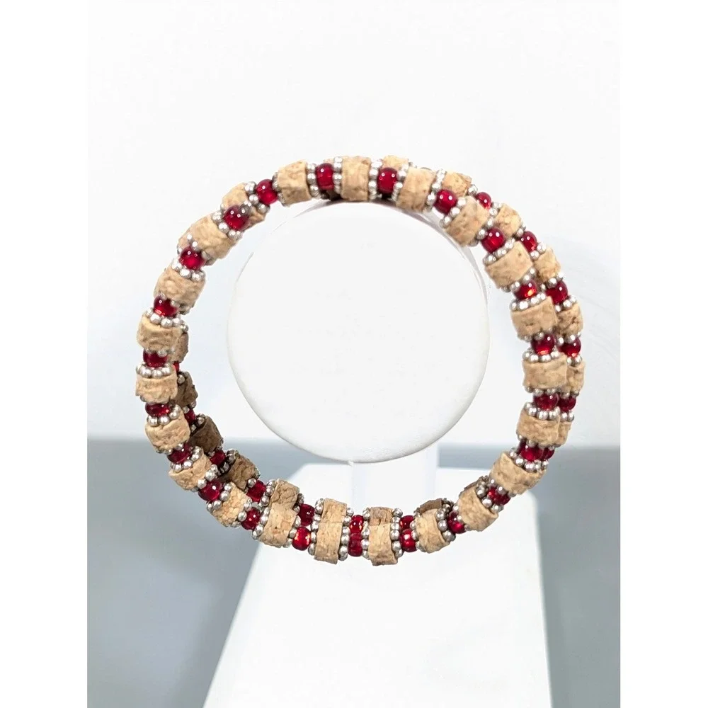 Artisan Wrap Bracelet Cork Beads Red‎ Glass Coil Bangle 7